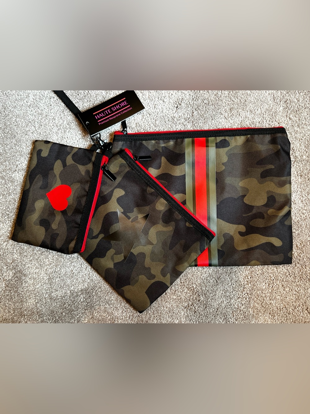 Haute Shore Women’s Camo Travel Pouch Set in Olive Green with Red Accents